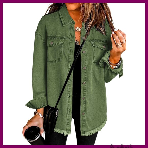 Oversized Denim Shacket with Frayed Hem and Pockets Long Sleeve Button Up